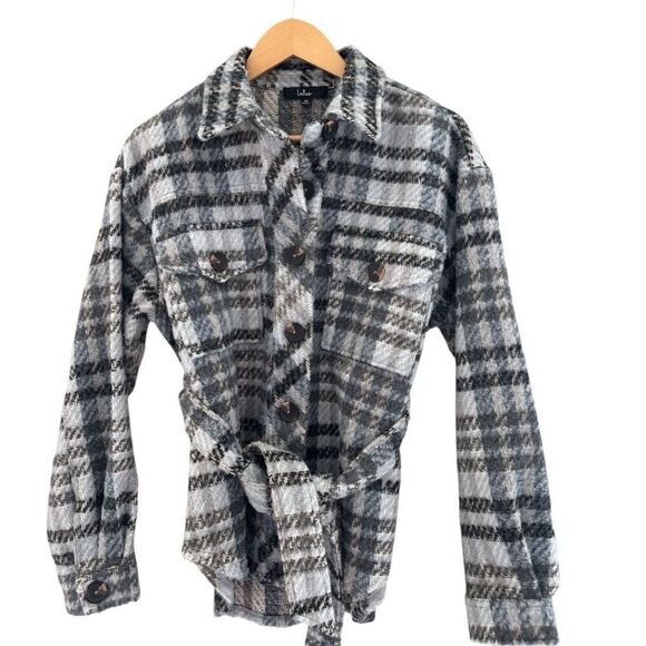 Lulus Women's Seasonal Moves Plaid Collared Belted Shacket Blue Grey XS NWOT - Picture 4 of 9